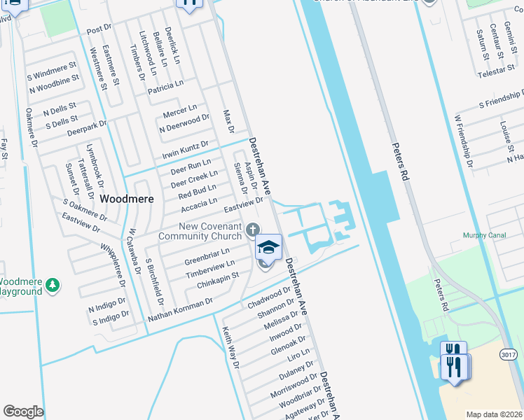 map of restaurants, bars, coffee shops, grocery stores, and more near 3109 Tyla Court in Harvey
