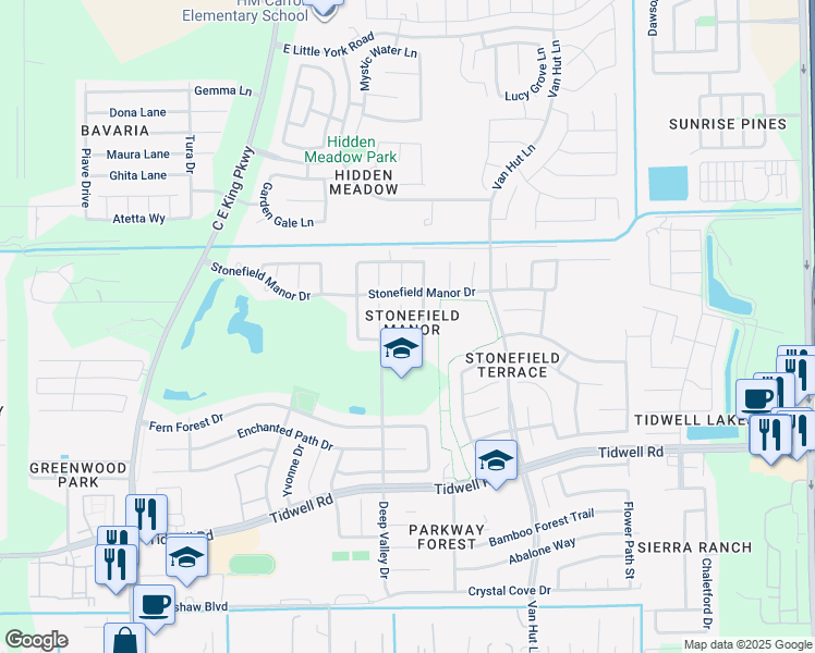 map of restaurants, bars, coffee shops, grocery stores, and more near 9310 Fillmont Lane in Houston
