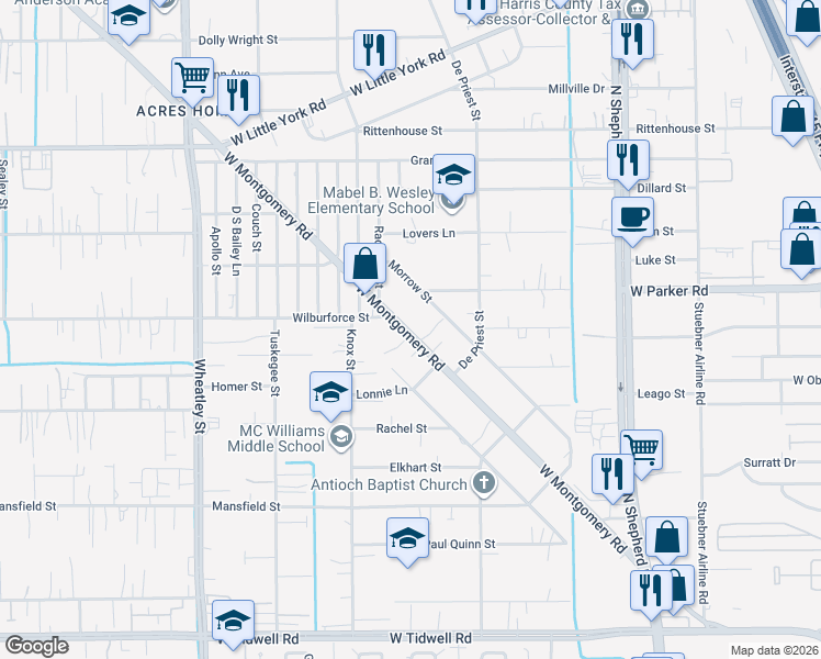 map of restaurants, bars, coffee shops, grocery stores, and more near 6714 West Montgomery Road in Houston