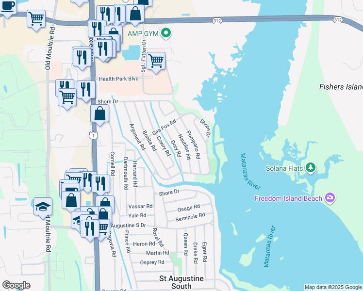 map of restaurants, bars, coffee shops, grocery stores, and more near 132 Nautilus Road in St. Augustine