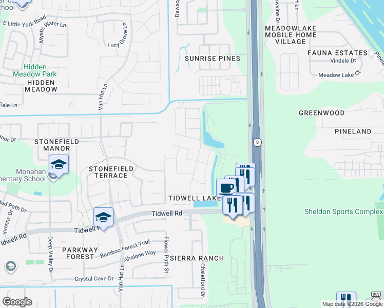 map of restaurants, bars, coffee shops, grocery stores, and more near 9231 Chloe Drive in Houston