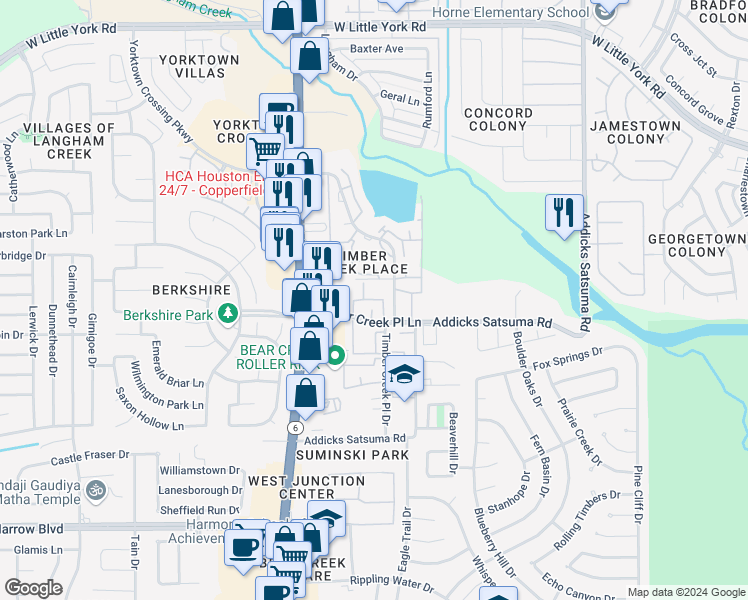 map of restaurants, bars, coffee shops, grocery stores, and more near 5501 Timber Creek Place Drive in Houston