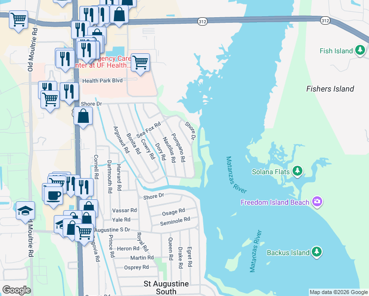 map of restaurants, bars, coffee shops, grocery stores, and more near 143 Pompano Road in St. Augustine