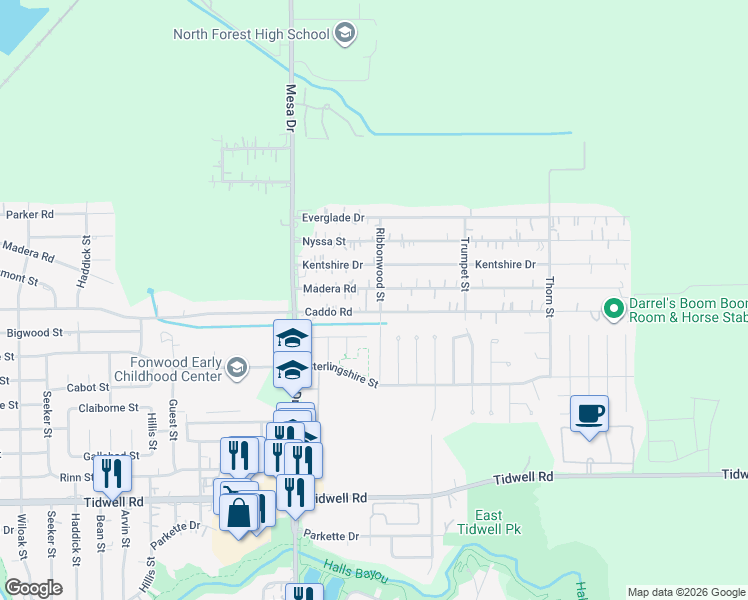 map of restaurants, bars, coffee shops, grocery stores, and more near 8938 Madera Road in Houston