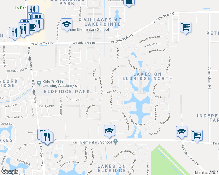 map of restaurants, bars, coffee shops, grocery stores, and more near 5907 Saratoga Springs Lane in Houston