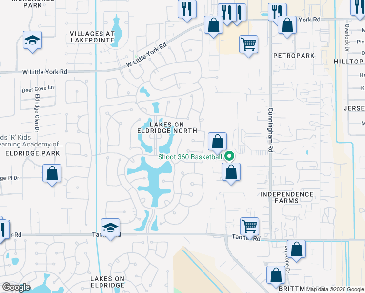 map of restaurants, bars, coffee shops, grocery stores, and more near 12202 Laguna Terrace Drive in Houston
