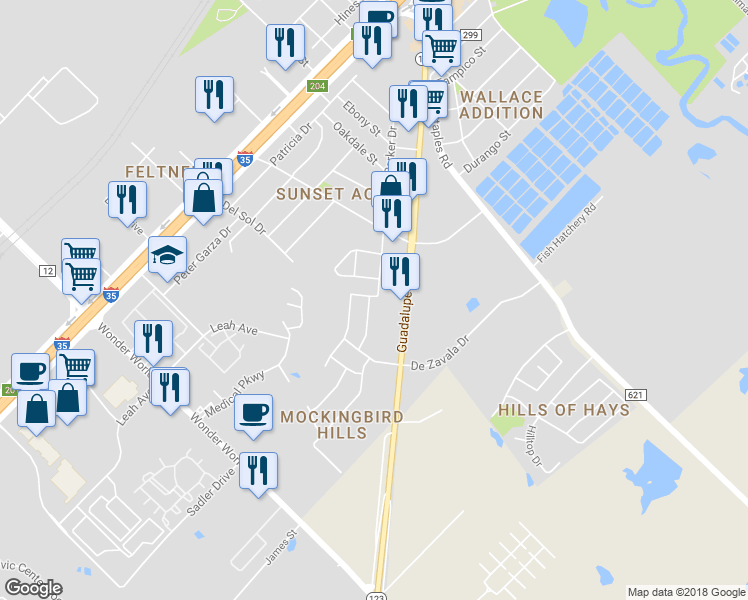 map of restaurants, bars, coffee shops, grocery stores, and more near 1303 Belmont Drive in San Marcos