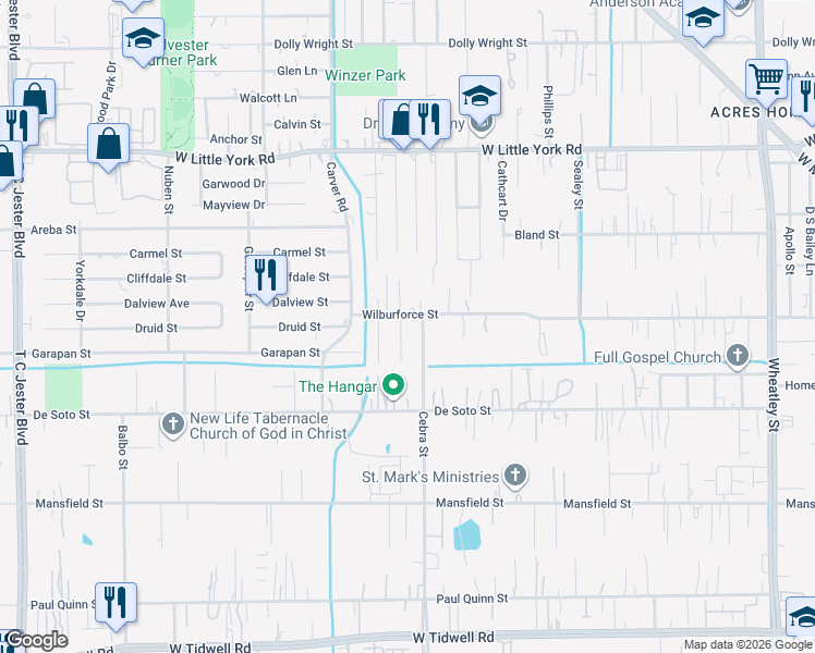 map of restaurants, bars, coffee shops, grocery stores, and more near 6414 Joe Louis Lane in Houston