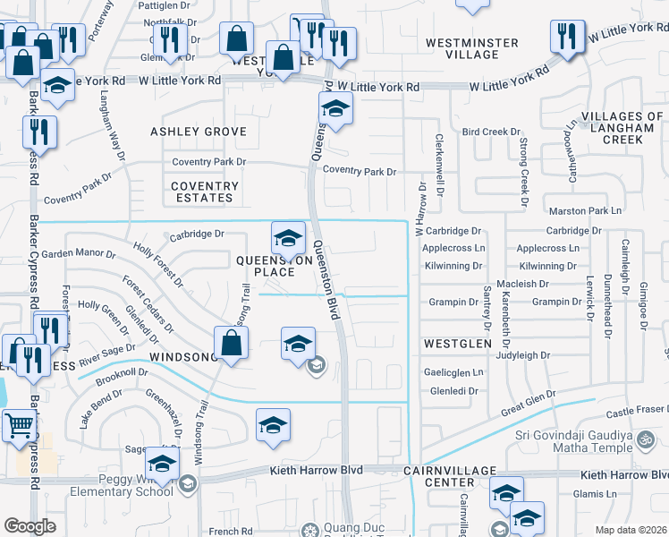 map of restaurants, bars, coffee shops, grocery stores, and more near 17338 Brookhollow Mist Court in Houston