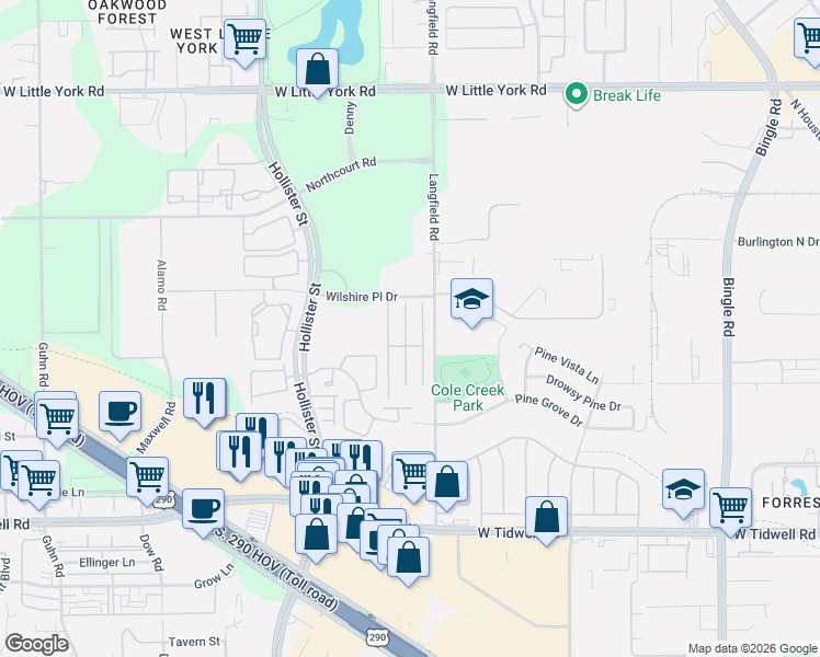map of restaurants, bars, coffee shops, grocery stores, and more near 6502 Wilshire Fern in Houston