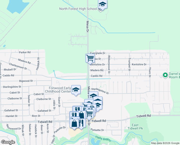 map of restaurants, bars, coffee shops, grocery stores, and more near 9910 Mesa Drive in Houston