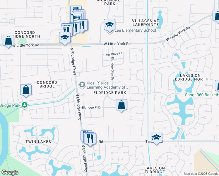 map of restaurants, bars, coffee shops, grocery stores, and more near 13011 Mossy Ridge Cove in Houston