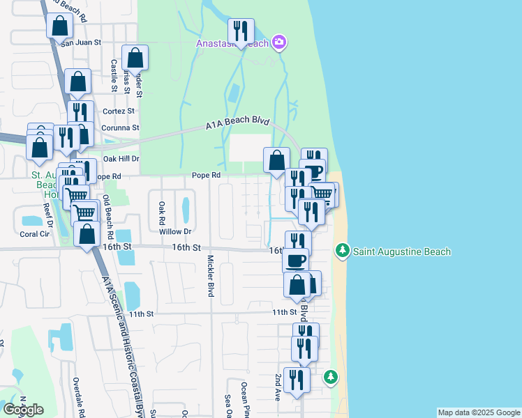 map of restaurants, bars, coffee shops, grocery stores, and more near 53 Clipper Court in St. Augustine