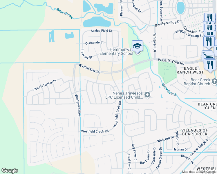 map of restaurants, bars, coffee shops, grocery stores, and more near 5523 Iris Crest Court in Katy
