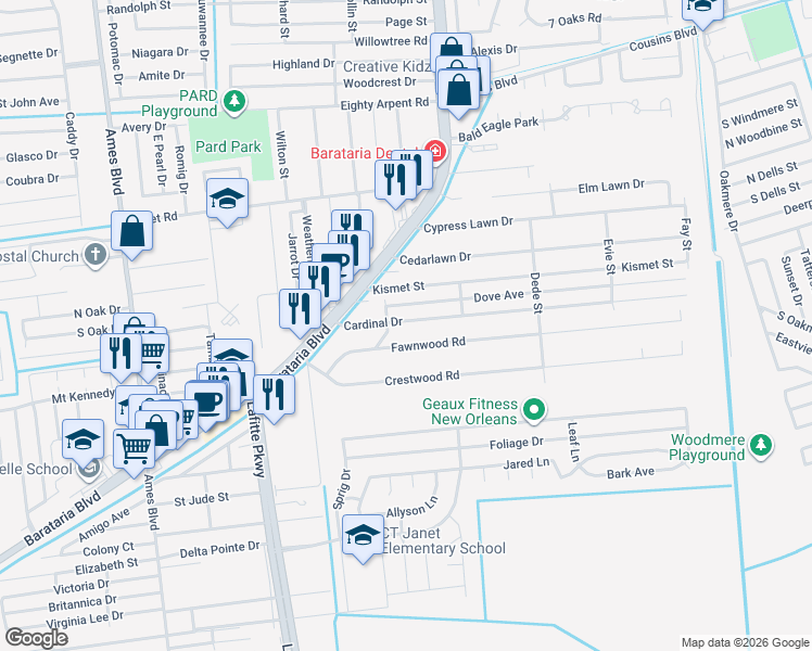 map of restaurants, bars, coffee shops, grocery stores, and more near 2612 Cardinal Drive in Marrero