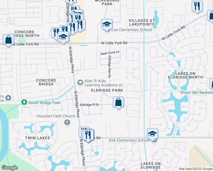 map of restaurants, bars, coffee shops, grocery stores, and more near 13011 Mossy Ridge Cove in Houston
