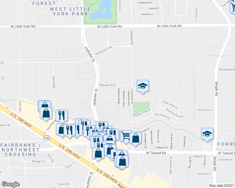 map of restaurants, bars, coffee shops, grocery stores, and more near 6503 Wilshire Ridge in Houston