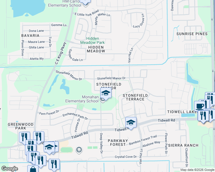 map of restaurants, bars, coffee shops, grocery stores, and more near 9314 Fillmont Lane in Houston