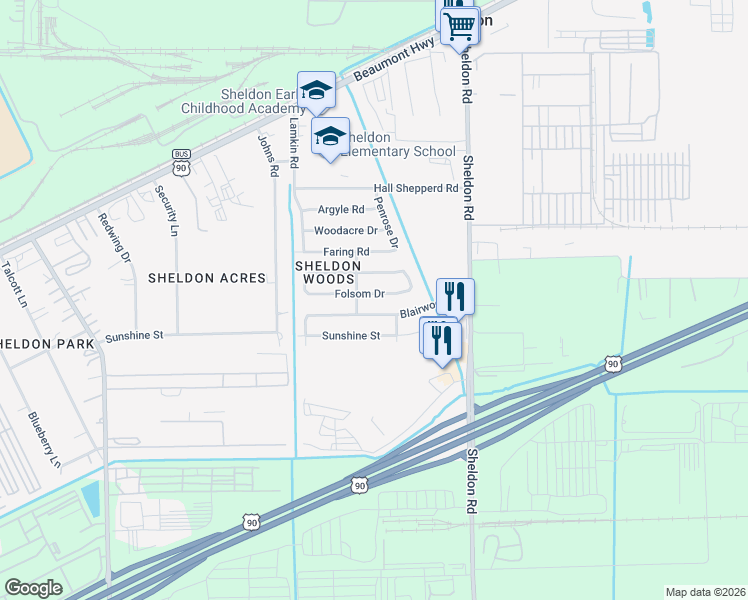map of restaurants, bars, coffee shops, grocery stores, and more near 17202 Folsom Drive in Houston