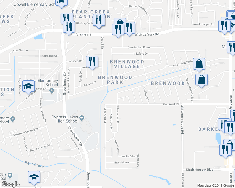 map of restaurants, bars, coffee shops, grocery stores, and more near 6223 South Brenwood Drive in Katy