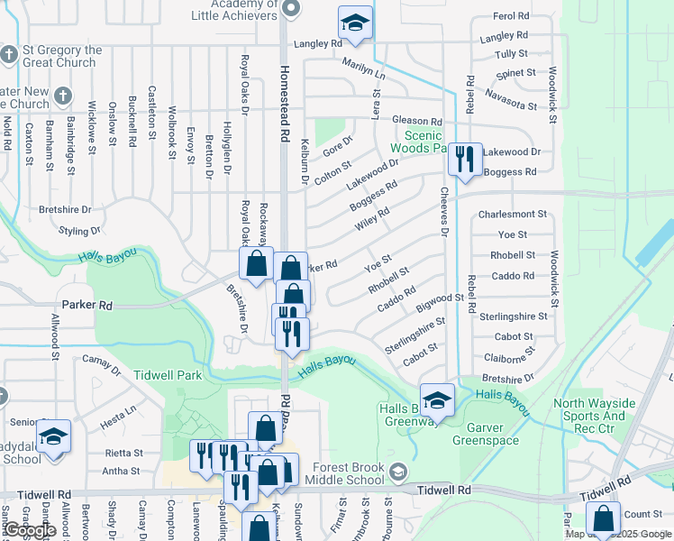 map of restaurants, bars, coffee shops, grocery stores, and more near 7224 Parker Road in Houston