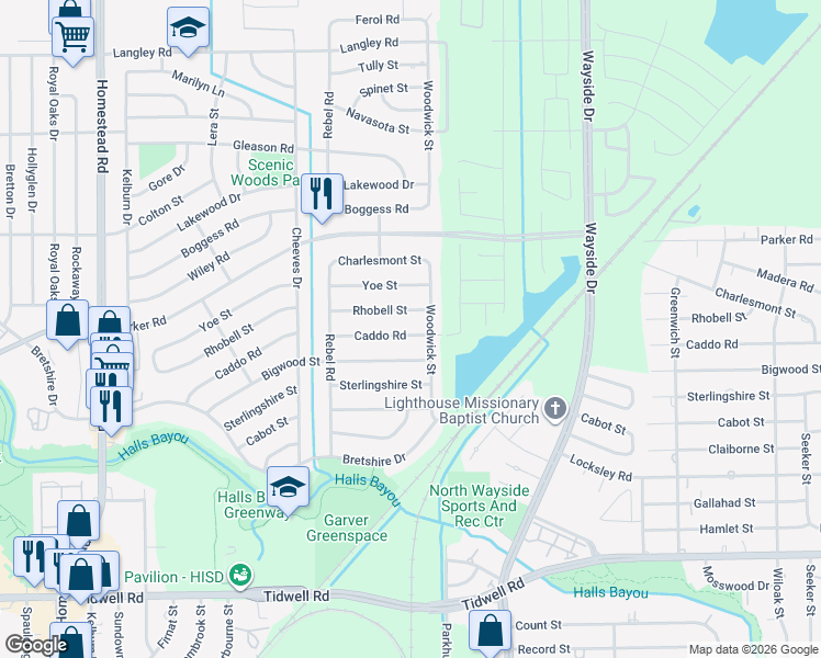 map of restaurants, bars, coffee shops, grocery stores, and more near 7713 Caddo Road in Houston