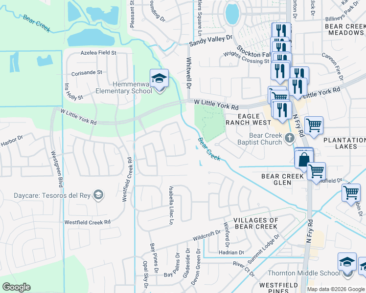 map of restaurants, bars, coffee shops, grocery stores, and more near 5523 Fountain Arbor Lane in Katy