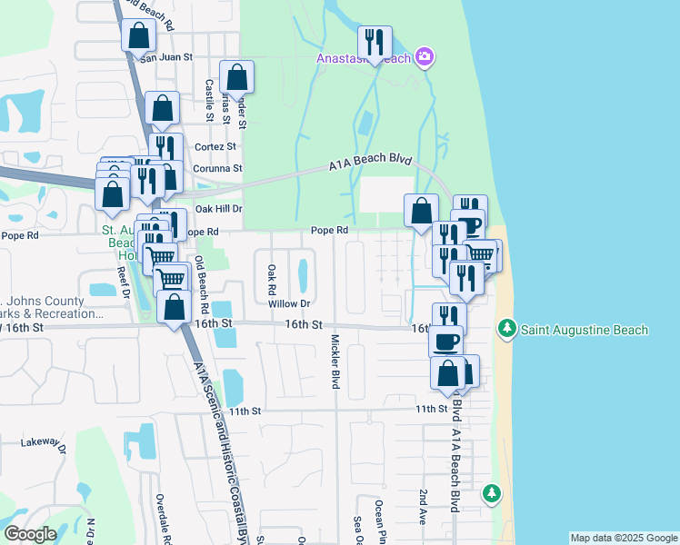 map of restaurants, bars, coffee shops, grocery stores, and more near 16 Lee Drive in St. Augustine