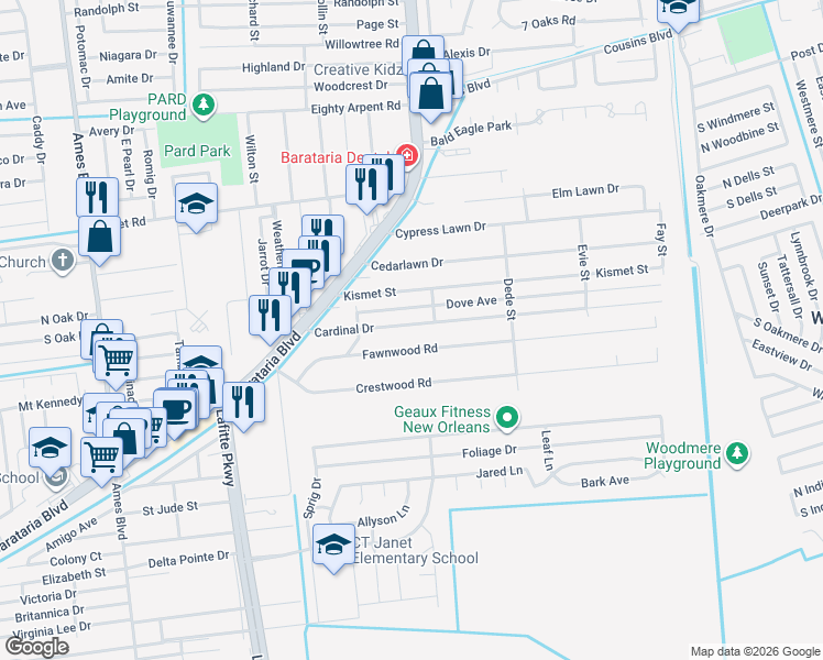 map of restaurants, bars, coffee shops, grocery stores, and more near 2636 Cardinal Drive in Marrero