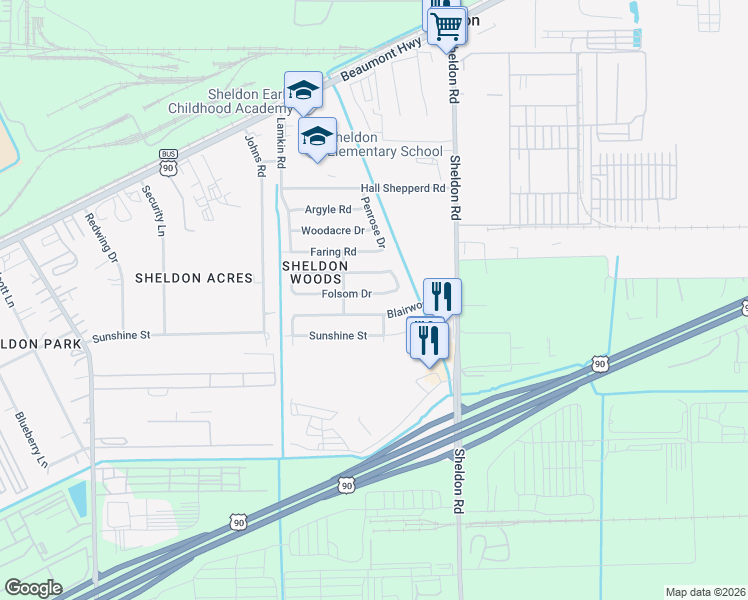 map of restaurants, bars, coffee shops, grocery stores, and more near 17202 Folsom Drive in Houston