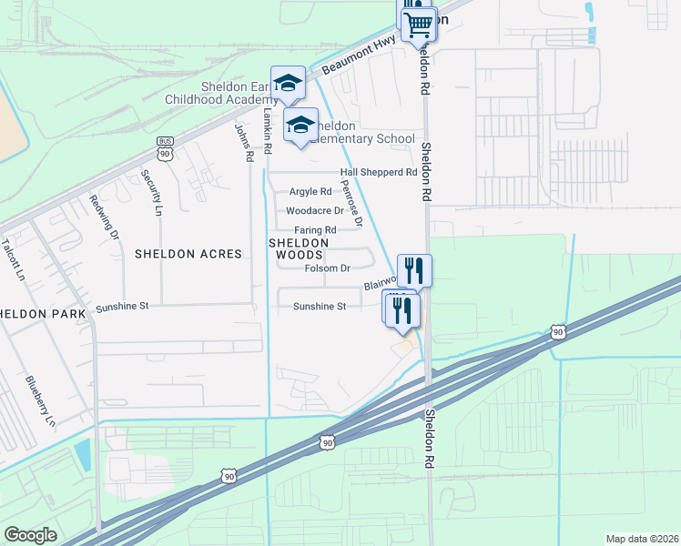 map of restaurants, bars, coffee shops, grocery stores, and more near 17202 Folsom Drive in Houston