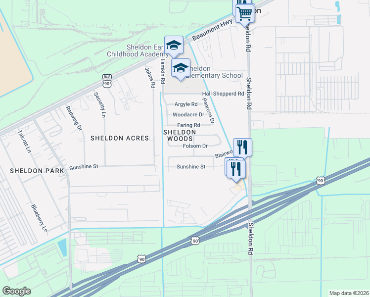 map of restaurants, bars, coffee shops, grocery stores, and more near 17018 Folsom Drive in Houston