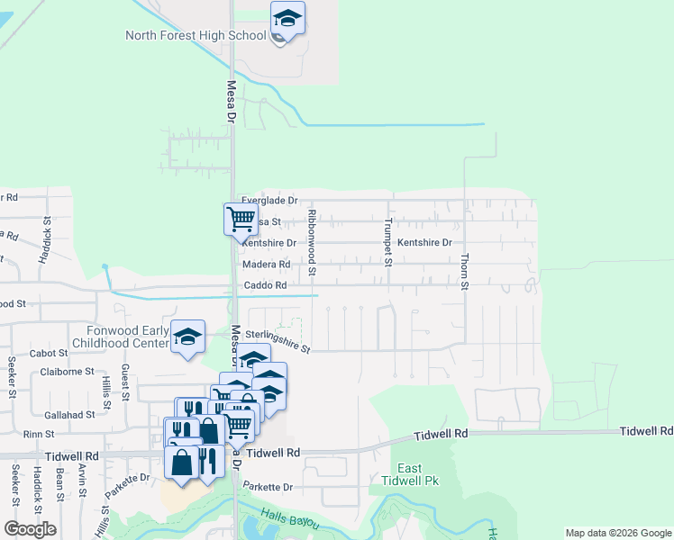 map of restaurants, bars, coffee shops, grocery stores, and more near 9028 Madera Road in Houston