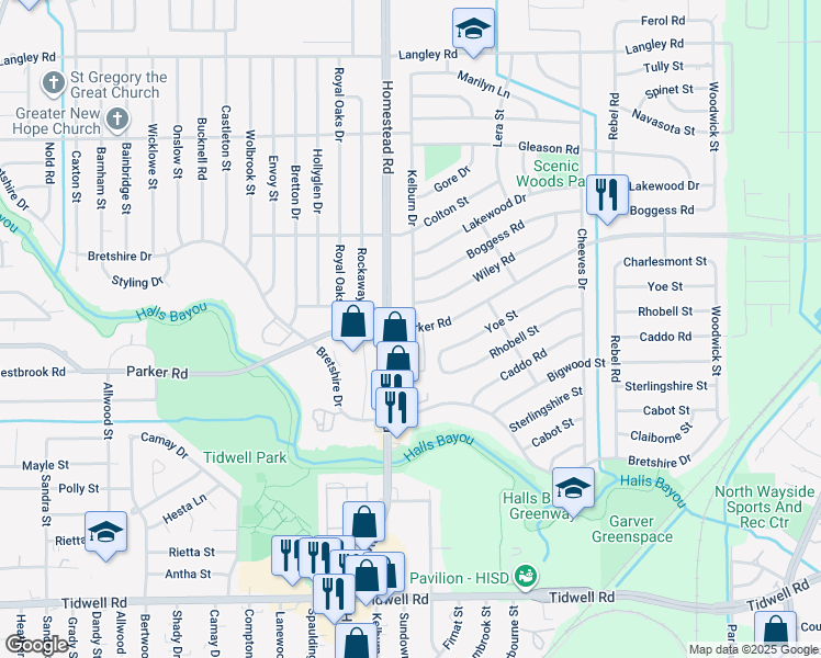 map of restaurants, bars, coffee shops, grocery stores, and more near 7170 Parker Road in Houston