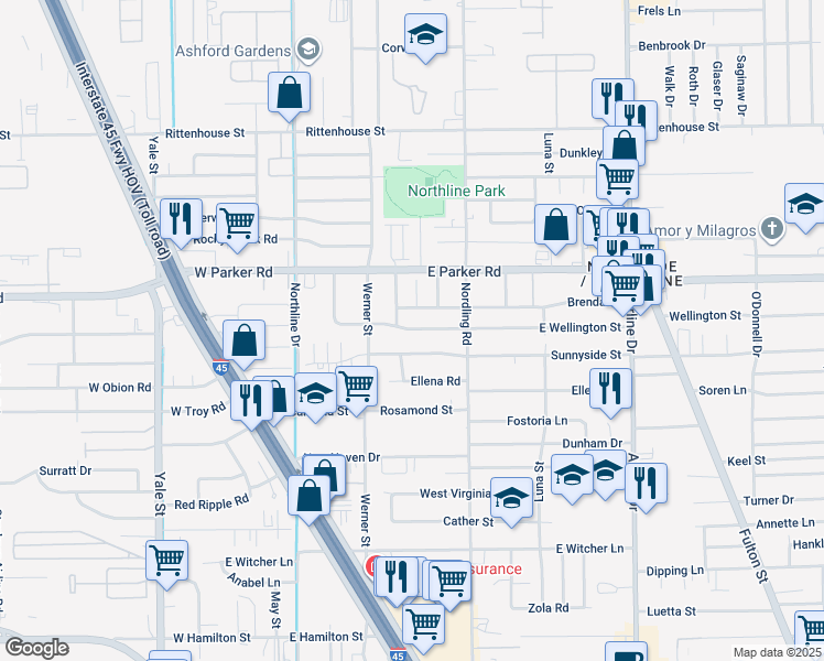 map of restaurants, bars, coffee shops, grocery stores, and more near 522 East Wellington Street in Houston