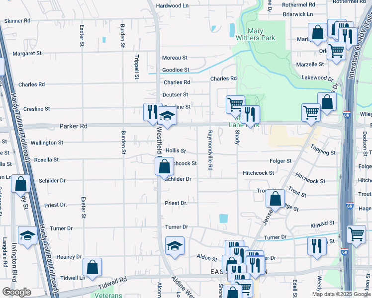 map of restaurants, bars, coffee shops, grocery stores, and more near 2411 Hollis Street in Houston