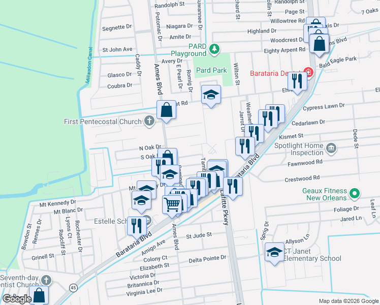 map of restaurants, bars, coffee shops, grocery stores, and more near 2624 Timbalier Drive in Marrero