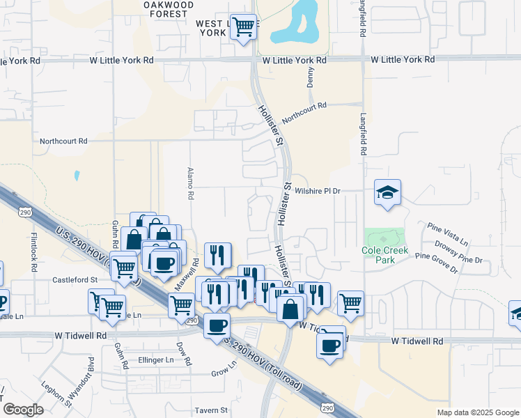 map of restaurants, bars, coffee shops, grocery stores, and more near 6565 Hollister Street in Houston