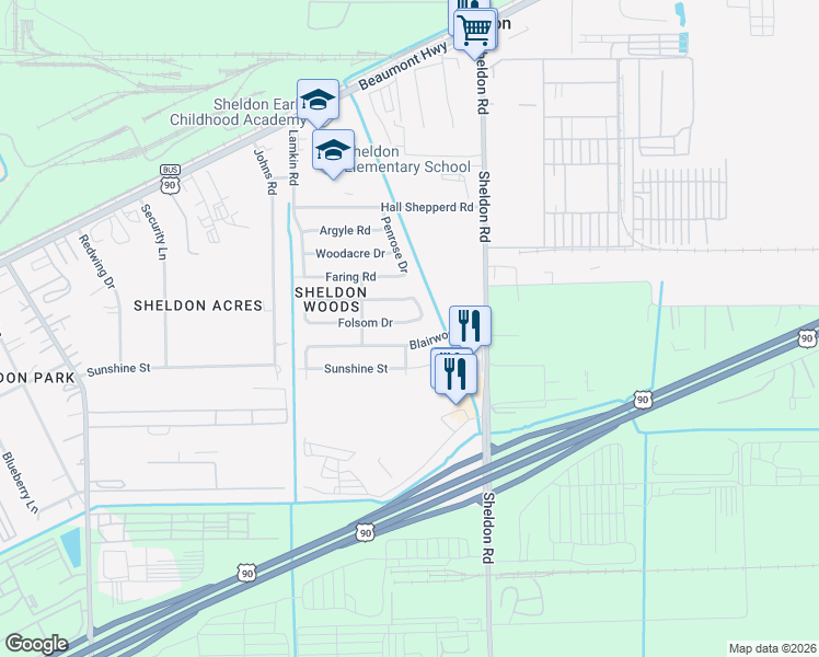 map of restaurants, bars, coffee shops, grocery stores, and more near 17214 Folsom Drive in Houston