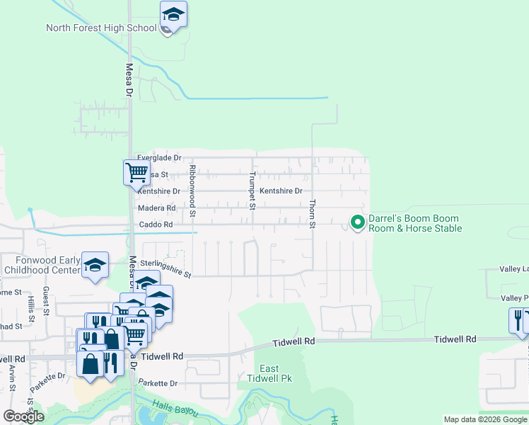 map of restaurants, bars, coffee shops, grocery stores, and more near 9210 Madera Road in Houston