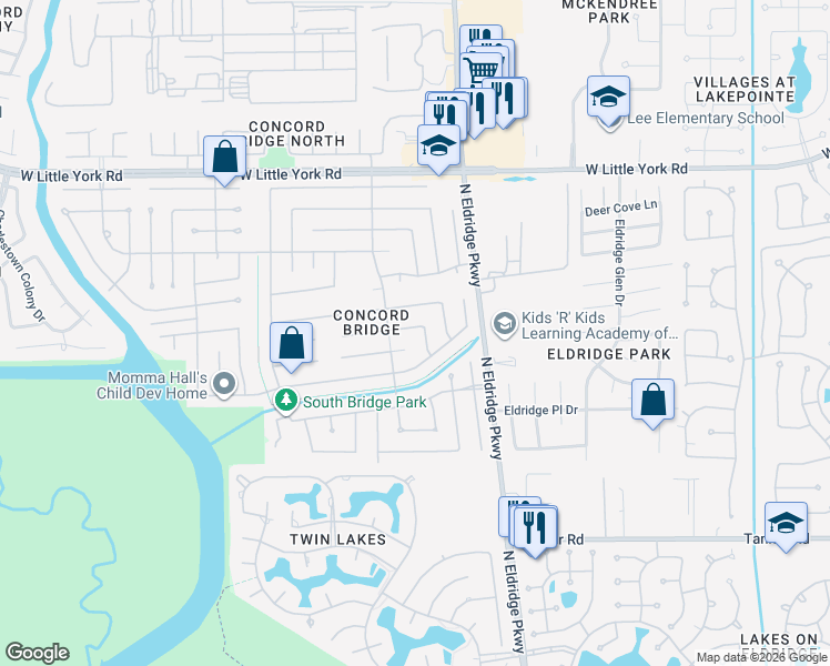map of restaurants, bars, coffee shops, grocery stores, and more near 13315 Bridgewalk Lane in Houston