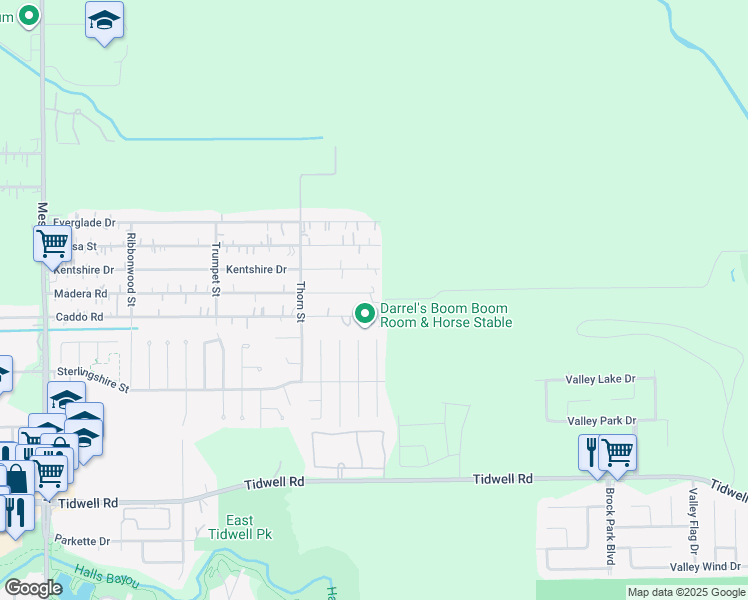 map of restaurants, bars, coffee shops, grocery stores, and more near 9522 Madera Road in Houston