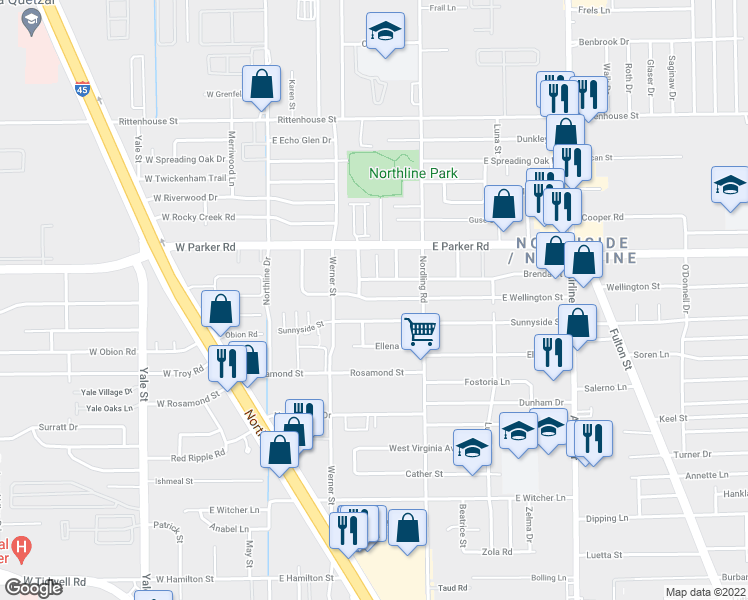 map of restaurants, bars, coffee shops, grocery stores, and more near 522 East Wellington Street in Houston