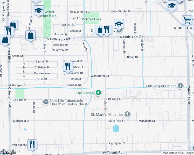 map of restaurants, bars, coffee shops, grocery stores, and more near 6414 Joe Louis Lane in Houston