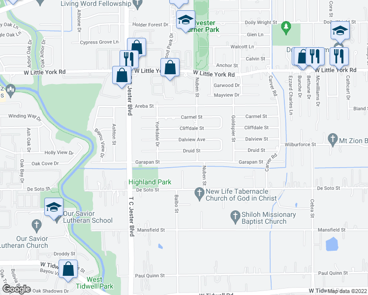 map of restaurants, bars, coffee shops, grocery stores, and more near 2906 Druid Street in Houston