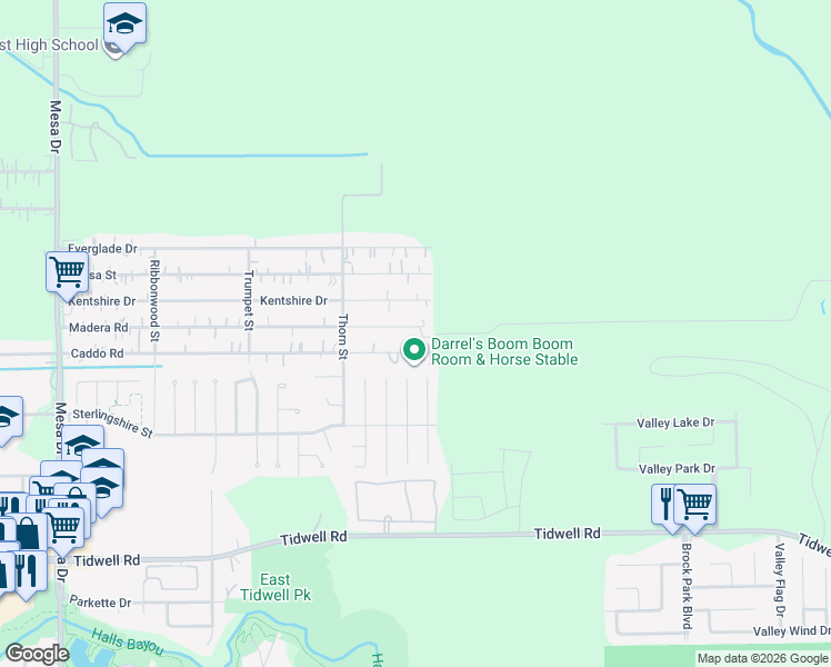 map of restaurants, bars, coffee shops, grocery stores, and more near 9522 Madera Road in Houston