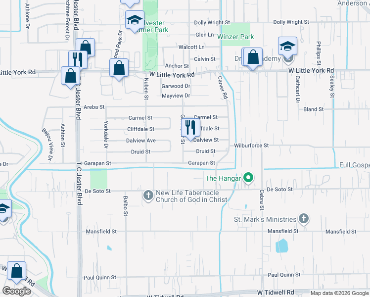 map of restaurants, bars, coffee shops, grocery stores, and more near 2478 Druid Street in Houston