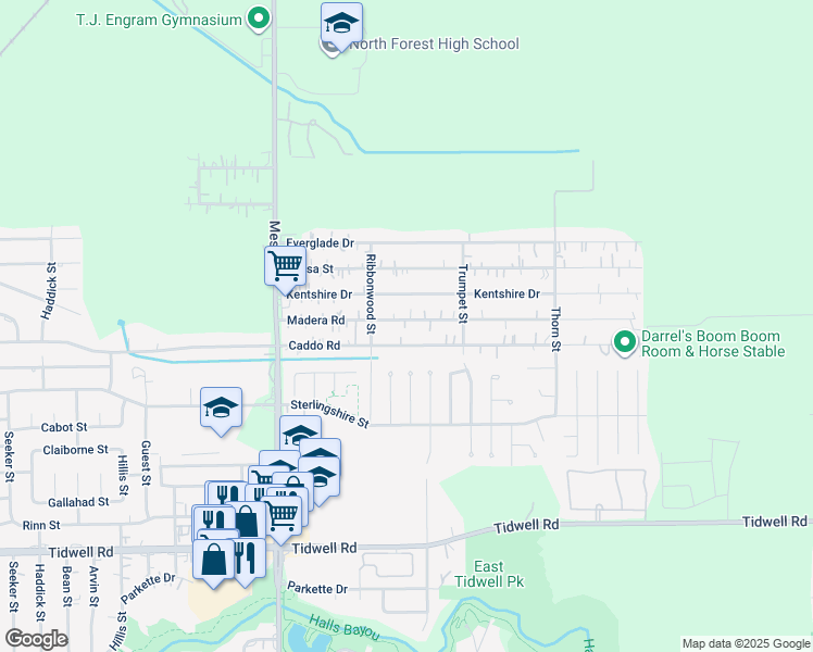 map of restaurants, bars, coffee shops, grocery stores, and more near 9028 Madera Road in Houston