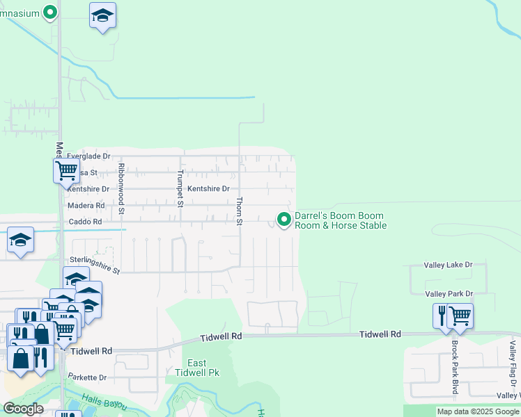 map of restaurants, bars, coffee shops, grocery stores, and more near 9430 Madera Road in Houston