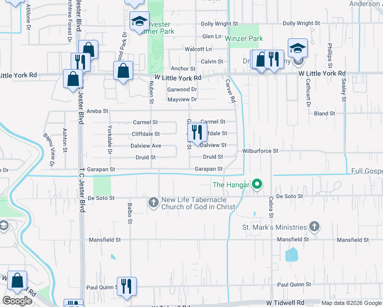 map of restaurants, bars, coffee shops, grocery stores, and more near 2478 Druid Street in Houston